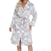 Dames pluche fleece badjas met capuchon, winterse badjas met lange mouwen, comfortabele loungewear met hartjesprint, zachte nachtkleding, maat S-XL,