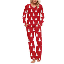 Kerstpyjama voor dames, feestelijke nachtkleding, zacht en comfortabel, lange mouwen, zakken, sneeuwvlokkenprint, 2-delige pyjamaset, maten S - 3XL,