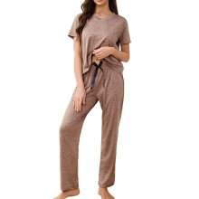 Dames casual huispak set: effen top met V-hals en korte mouwen + pyjamabroek met trekkoord | S-XL | Nylon spandex loungewear