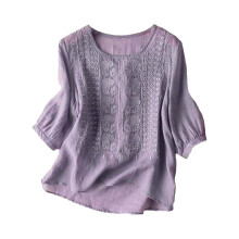 Women's Linen Shirt with Embroidery 3/4 Sleeve Purple