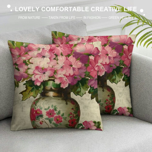 Roze geranium sierkussenhoes, kort pluche, 1 stuk 2