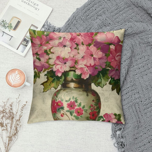 Roze geranium sierkussenhoes, kort pluche, 1 stuk 1