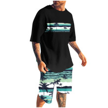 Conjunto de shorts masculino, conjunto de 2 peças, blusa esportiva slim com estampa, gola redonda, cintura elástica e manga curta com gola redonda.