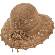 Dames zomerhoed met ruches en bloemenmotief, gebreide stijl, geschikt voor op het strand of op het strand, met brede rand.