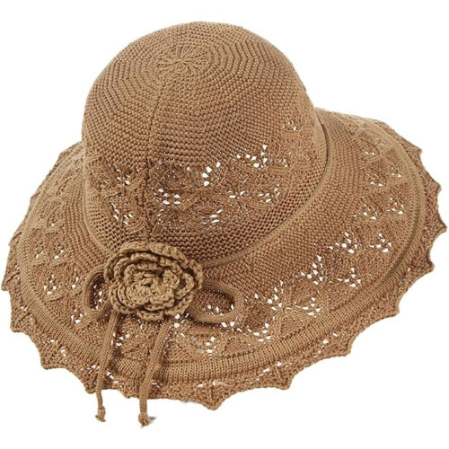 Women's Ruffled Flower Summer Beach Hat Wide Brim Knitted