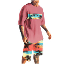 Conjunto de shorts masculino, 2 peças, gola redonda, estampa, esportivo, slim, cintura elástica, blusa de manga curta com gola redonda.