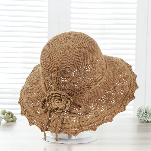 Women's Ruffled Flower Summer Beach Hat Wide Brim Knitted 1