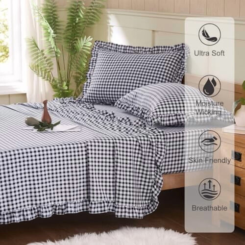 Σετ σεντόνια King Gingham, μαλακές βουρτσισμένες μικροΐνες, 16" Deep Pocket, 4 τεμάχια με 2