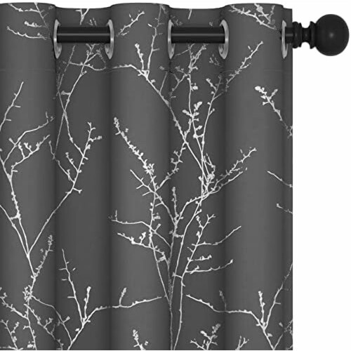 Grey blackout curtains thermal soundproof silver branch