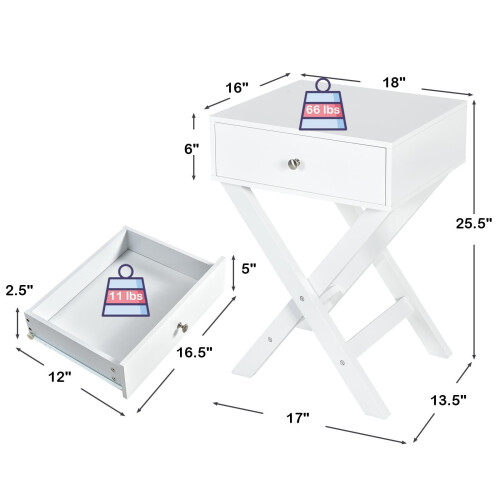 Nachttisch mit Schublade, weiß, X-Form, 1-teilig 2