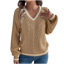 Women's Color Block V-Neck Lantern Sleeve Sweater Acrylic Knit Pullover Loose Fit Casual Top Soft Textured Comfort Wear S-XL Size Range