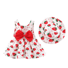 Mädchen-Tankkleid mit Blumenmuster, Sommerkleid (0-3 Jahre), Erdbeermuster, ärmellos, mit passendem Hut, Rot