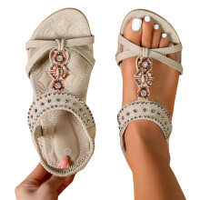 Dames zomer platte sandalen, bohemian stijl, elegante platte schoenen met voetboogondersteuning en comfortabele elastische enkelband, casual wandel-
