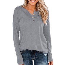 Damen-Langarmtop mit V-Ausschnitt, lässiges Sommer-T-Shirt, locker geschnitten, Knopfleiste, Tunikabluse
