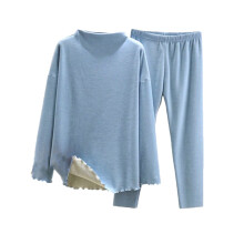 Dam Termopyjamasset med hög halsringning, fleece, loungekläder, långärmad, volangkant, 2-delad outfit, L-2XL, ljusblå