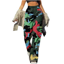 Women's Camo Print Elastic Waist Drawstring Cargo Pants - Multi-Pocket Design Casual Sporty Straight Leg Pre-Shrunk Pants S-3XL