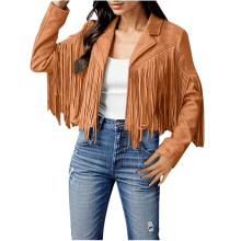 Giacca da donna in similpelle scamosciata con frange, tinta unita, alla moda, modello corto da motociclista con nappine, colore arancione.