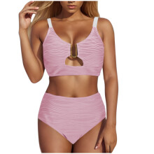 Kukoosong Bikini Set voor Dames met Hoge Taille, V-hals, Geplooide Textuur en Dunne Bandjes, perfect voor Zomerse Strandkleding