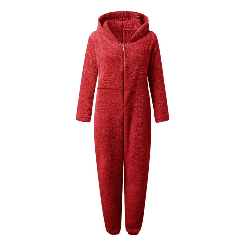 Dames jumpsuit/pyjama met capuchon van imitatiewol, rood, maat 1