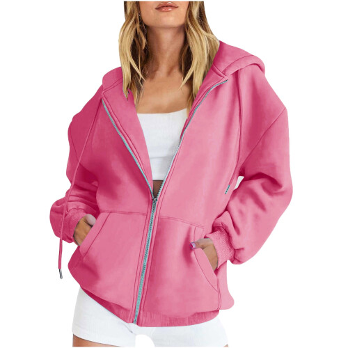Felpa con cappuccio e zip da donna, calda invernale, tinta unita, lunga 1