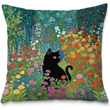Flanellkissenbezug mit Blumenmuster und schwarzer Katze, 45 x 45 cm