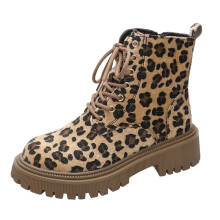 Botines de mujer, moda de invierno, ante, estampado de leopardo, con cordones, tacón grueso, botines cortos, calzado para un estilo cómodo.