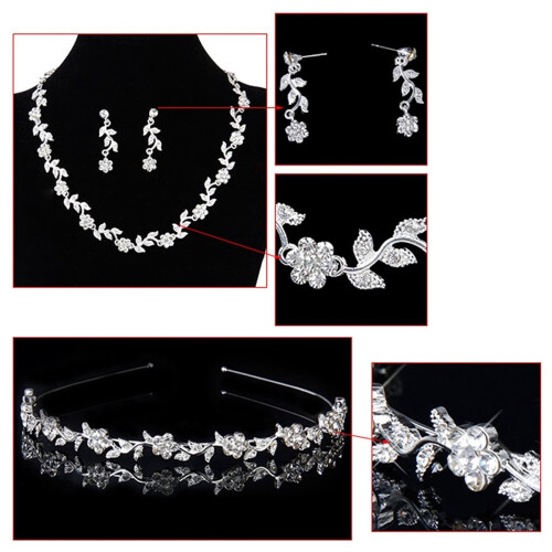Brautschmuck-Set mit Blumenmuster und Strasssteinen, Silber 2