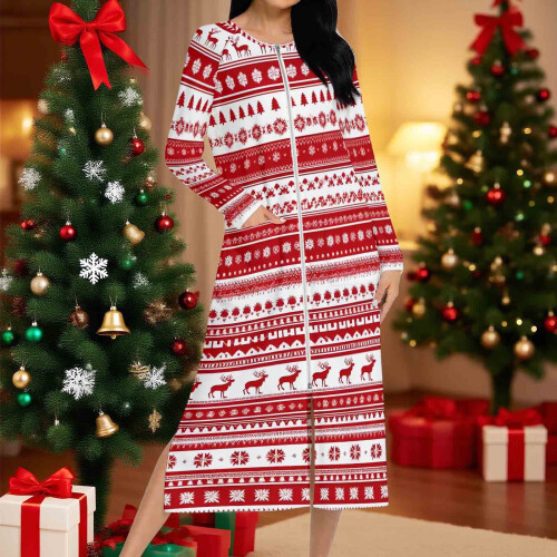 Women's Christmas Print Bathrobe with Pockets Red XL 1