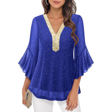 Elegante und lässige Damenoberteile: Rüschenblusen mit 3/4-Ärmeln, Glitzerblusen mit Pailletten und V-Ausschnitt aus Chiffon, fließende Blusen