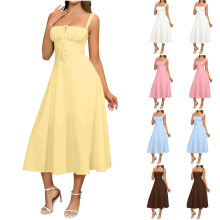 Vestido veraniego informal sin mangas con escote en V, abertura lateral y tirantes ajustables en la cintura para mujer.
