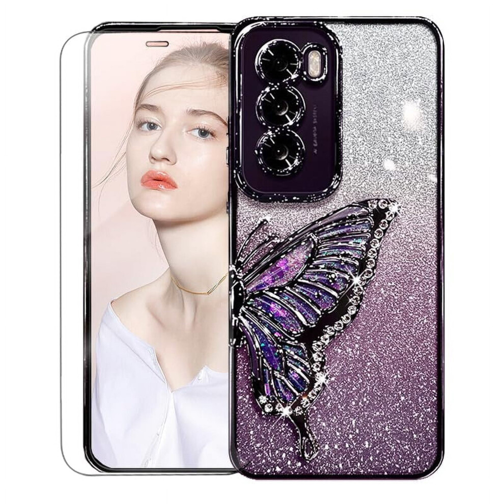 Clear Silicone Glitter Case For Oppo Reno 12 Pro – Shockproof, Anti-Scratch, Butterfly Holder, Red 9180479577805