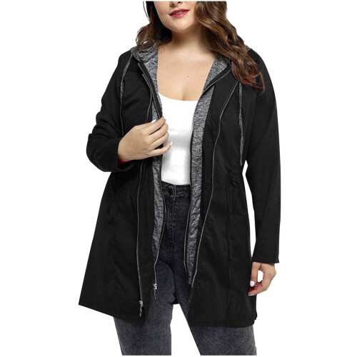 Γυναικεία Trench Coat με κορδόνι, αντιανεμικό, διπλό φερμουάρ και κουκούλα, ζεστή trench 1