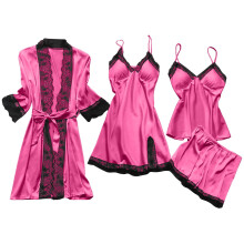 Set de pijamale din satin pentru femei, format din 5 piese: halat kimono cu imprimeu floral, bluză scurtă și pantaloni scurți – pijamale moi,