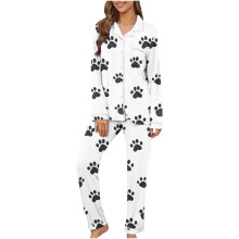 Pyjamaset met hondenpootafdruk voor dames, 2025, lange mouwen, zachte pyjamaset, winterse 2-delige nachtkleding