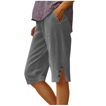 Pantaloni scurți casual de vară din in pentru femei Kukoosong, cu buzunare, crăpătură laterală și nasturi – Pantaloni scurți sport de cinci