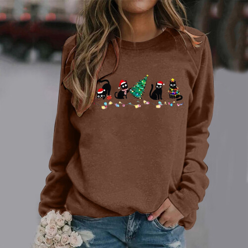 Damen-Weihnachts-Sweatshirt mit Katzenprint, langärmelig 1
