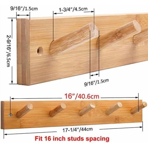 Cabideiro de parede de bambu com 5 ganchos e espaçamento de 40 cm (16 polegadas). 2