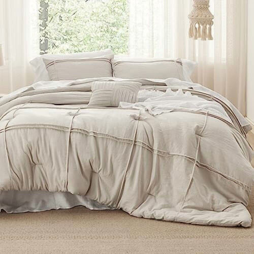 Beige Boho Comforter Set 4-Piece Grid Pleat 1