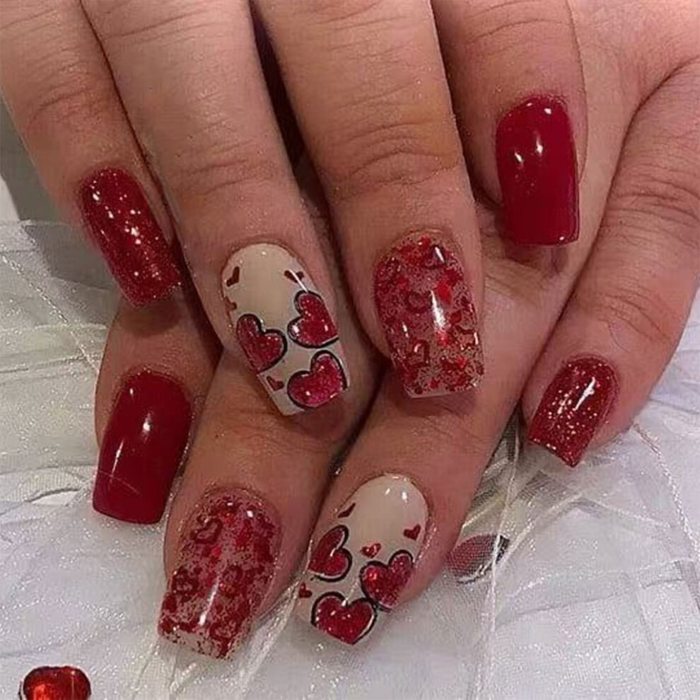 Valentines Day Press On Nails Heart Glitter 24pcs