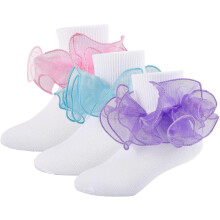 3Pairs Girls Ruffle Socks Toddler Double Lace Sock Turn Cuff Frilly Dress Socks Pageant with Ruffles Little Baby Girl Kids