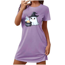 Halloween-Schlafkleid mit Cartoon-Print, Rundhalsausschnitt, Übergröße