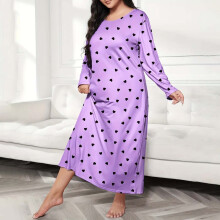 Plus Size Casual Sovklänning Dam Hjärtmönster Långärmad Rund Hals Medium Stretchig Lös Nattlinne