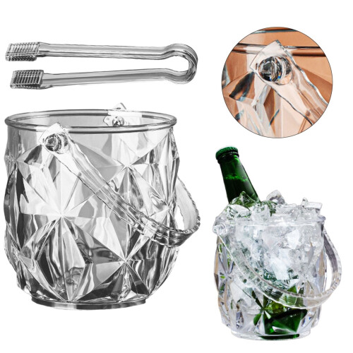 Balde de gelo transparente em acrílico de 1,2L com alça e clipe.
