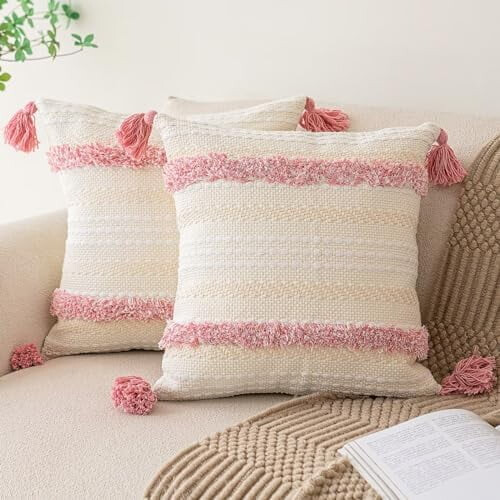Σετ μαξιλαροθηκών boho 2 τεμαχίων 18x18 ουδέτερες ριγέ με φούντες