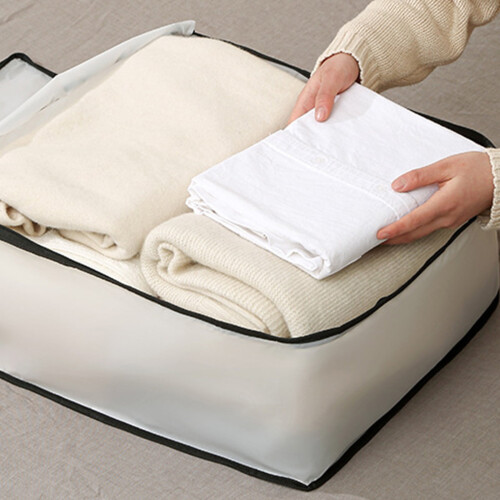 Folding Plastic Under-Bed Storage Box – Odorless, Moistureproof, for Pillows/Coats/Blankets, White Translucent 1