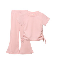 Completo casual da bambina con scollo rotondo, tinta unita, coulisse, composto da top a maniche corte e pantaloni a zampa d'elefante, taglia 12
