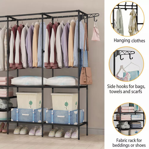Black Double Row Clothes Rack Heavy Duty Storage Clothes Rail 2