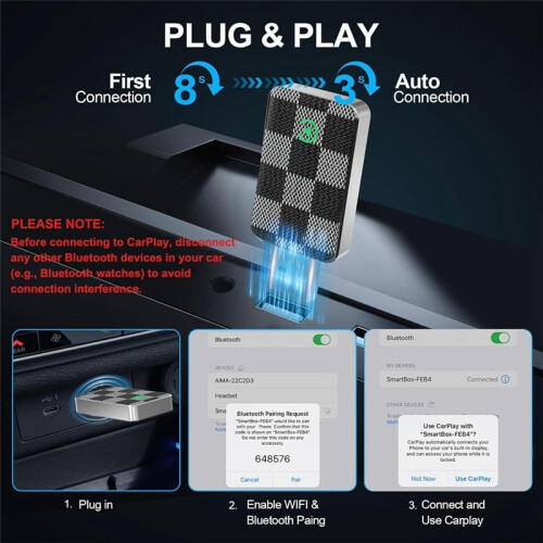 Wireless CarPlay Adapter for , Wired to Wireless  Carplay Adapter  Ai Box Plug &  Auto Connect 2