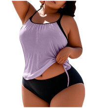 Kukoosong Tankini Set voor Dames in Grote Maten, Hoog Taille Broekje, Uitneembare Vulling, Buikcorrigerend, Verstelbaar Trekkoord – Effen Kleur