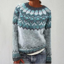 Pulls pour femmes en maille jacquard à imprimé îlot rétro, col rond ample, manches longues, bleu